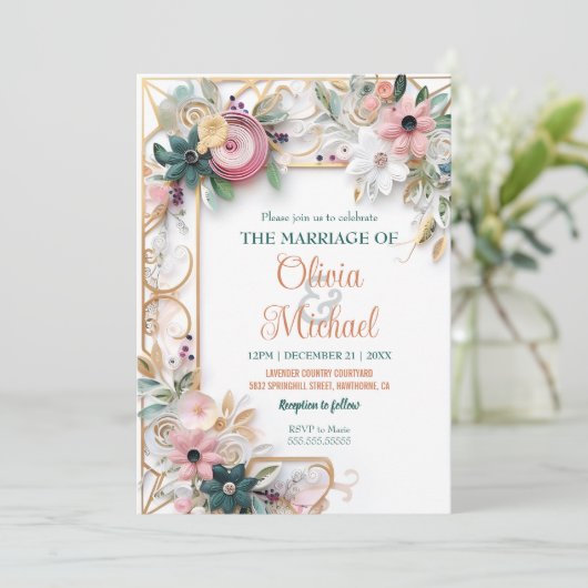 ニュートラルカラーフローラ結婚の紙クイリング枠 招待状 (スタンド正面)