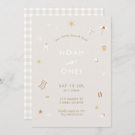 ニュートラルキッズビーチプールパーティーテーマ誕生日 招待状