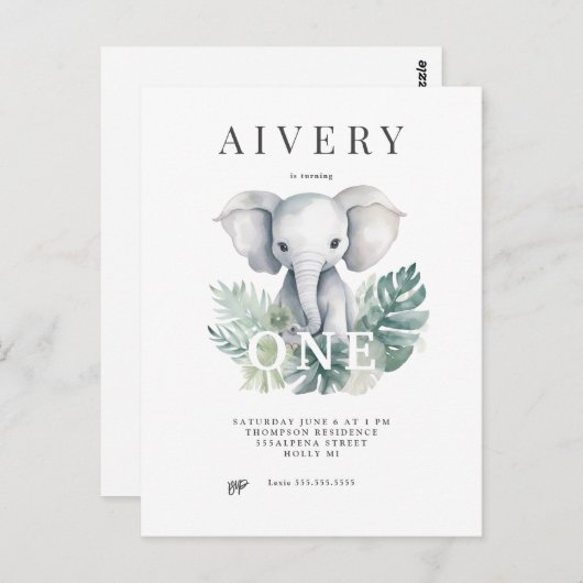 ニュートラルキュートエレファントファースト誕生日招待状 ポストカード (正面/裏面)