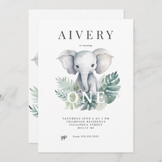 ニュートラルキュートエレファントファースト誕生日招待状 招待状 (正面/裏面)