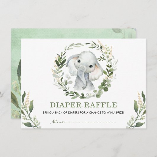 ニュートラルグリーンリー金ゴールド象ベビーおむつラッフル エンクロージャーカード (正面/裏面)