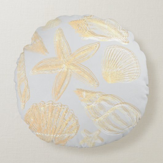 ニュートラルグレータンベージュシーシェルシェルビーチハウス ラウンドクッション (正面)