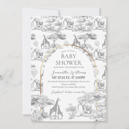 ニュートラルサファリ動物のエレガントトイレベビーシャワー 招待状 (正面)