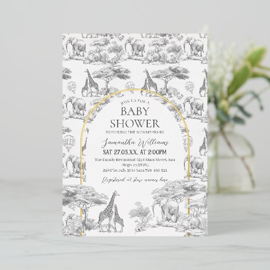 ニュートラルサファリ動物のエレガントトイレベビーシャワー 箔招待状 (立ち正面)
