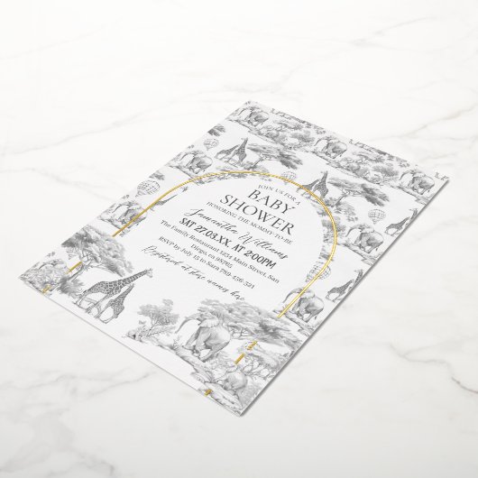 ニュートラルサファリ動物のエレガントトイレベビーシャワー 箔招待状 (回転した状態)