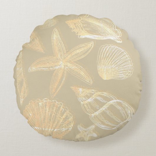 ニュートラルサンドタンベージュシーシェルシェルビーチハウス ラウンドクッション (正面)