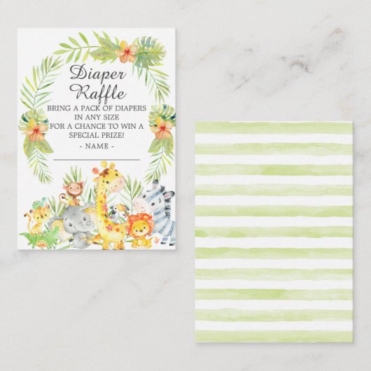 ニュートラルジャングル動物赤ちゃんシャワーおむつラッフル エンクロージャーカード (正面/裏面)