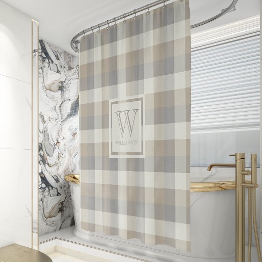ニュートラルタングレーアイボリー素朴プレイドモノグラム シャワーカーテン