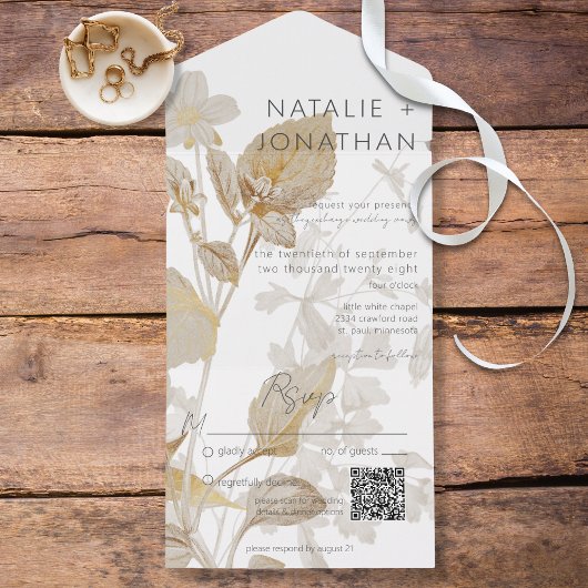 ニュートラルタンワイルドフラワモダンーQRコード オールインワン招待状