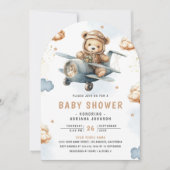 ニュートラルテディベア青い飛行機アーチ赤ちゃんシャワー 招待状 (正面)