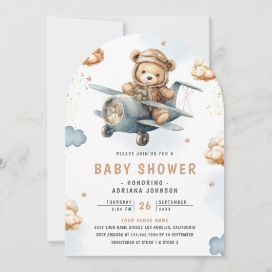 ニュートラルテディベア青い飛行機アーチ赤ちゃんシャワー 招待状 (正面)