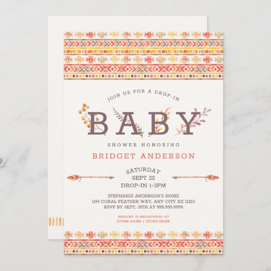 ニュートラルドロップインボホトライバルベビーシャワー招待状 招待状 (正面/裏面)