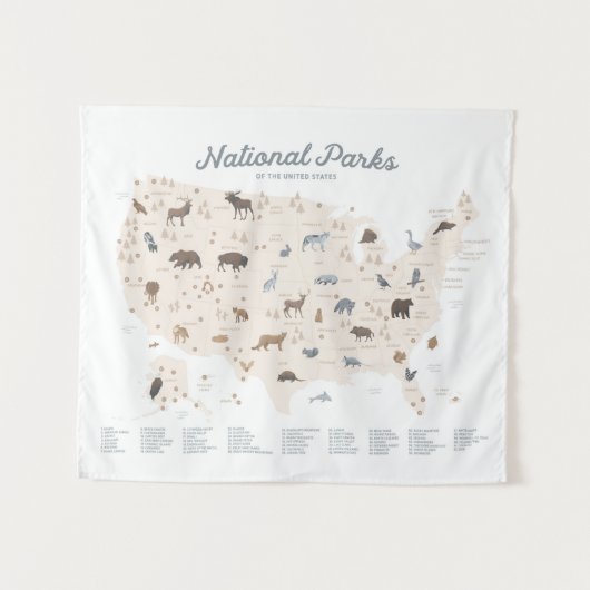 ニュートラルナショナルパークマップウッドランド子供部屋デコール タペストリー (正面(横))