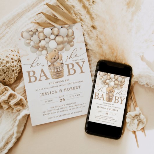 ニュートラルバルーン付きテディベア性別の表示 招待状