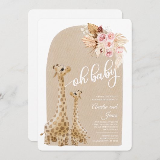 ニュートラルパンパスグラスギラフェベビーシャワーインビタティ 招待状 (正面/裏面)