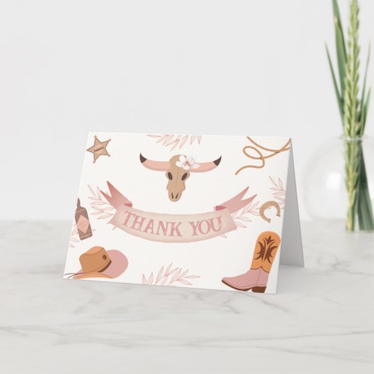 ニュートラルピンクボホワイルドウェスト女性のカーボーイベビーシャワー サンキューカード (正面)