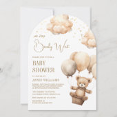 ニュートラルブラウンテディベア気球アーチ赤ちゃんシャワー 招待状 (正面)