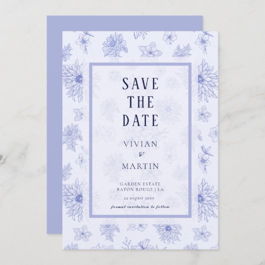 ニュートラルブルーシャドウの花のパターン日付を保存 招待状 (正面/裏面)