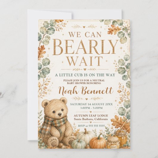 ニュートラルベビーシャワーおめでとうございます We Can Bearly Wait 招待状 (正面)