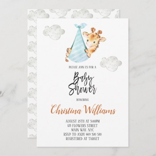 ニュートラルベビーシャワーキリンミニマルかわいい 招待状 (正面/裏面)