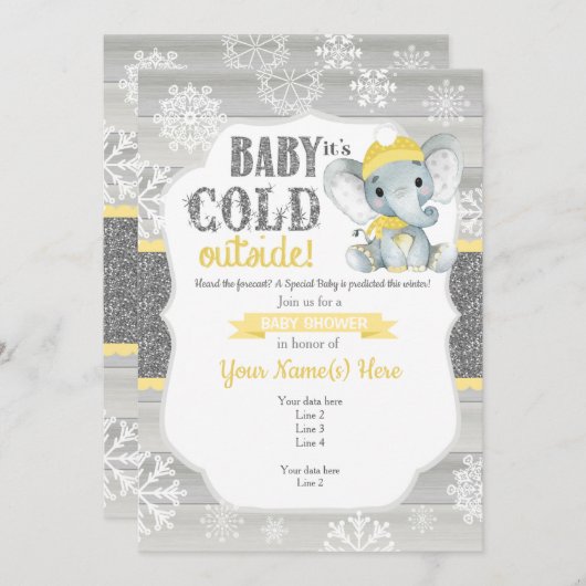 ニュートラルベビーシャワー用エレファントウィンター招待状 招待状 (正面/裏面)