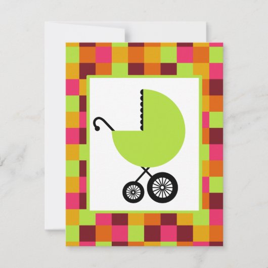 ニュートラルベビーシャワー-緑のキャリッジとカラーブロック 招待状 (正面)