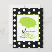 ニュートラルベビーシャワー-緑の傘と水玉模様 招待状 (正面)
