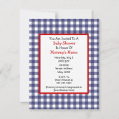 ニュートラルベビーシャワー-赤い台車と青いギンガム 招待状 (裏面)