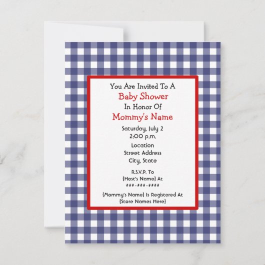 ニュートラルベビーシャワー-赤い台車と青いギンガム 招待状 (裏面)