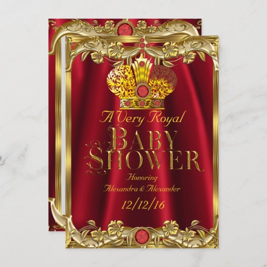 ニュートラルベビーシャワ王室のーレッドジェム金ゴールドクラウン2 招待状 (正面/裏面)