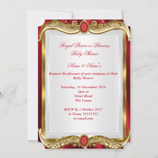 ニュートラルベビーシャワ王室のーレッドジェム金ゴールドクラウン 招待状 (裏面)