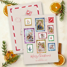 ニュートラルベージュのヴィンテージスタンプのクリスマスコラージュフォト シーズンカード