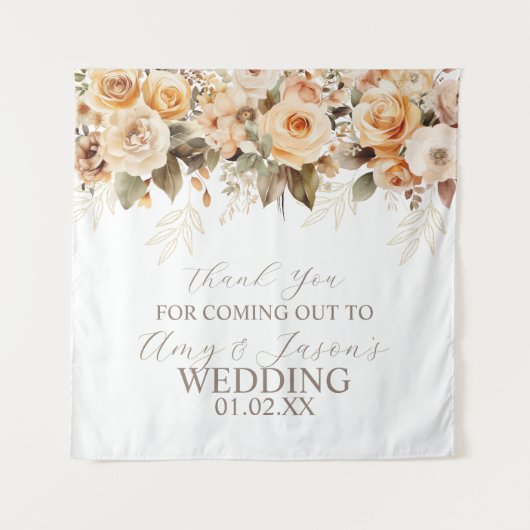 ニュートラルベージュ フラワーボタニカル ウェディング ブラウン タペストリー (正面)