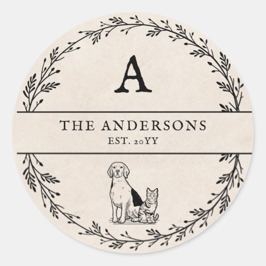 ニュートラルベージュ ミニマリスト 新婚夫婦 ギフト モノグラム ラウンドシール (正面)