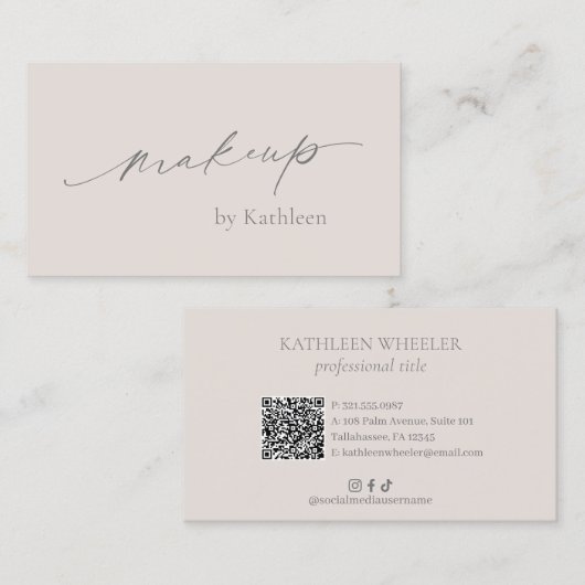 ニュートラルベージュQRコードエレガントメイクアップアーティストモダン 名刺 (正面/裏面)