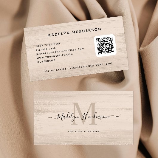 ニュートラルベージーブラシモダンストロークQRコード 名刺