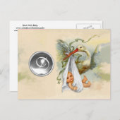 ニュートラルホワイトコウノトリ赤ちゃんシャワージェムストーンモノグラム インビテーションポストカード (正面/裏面)