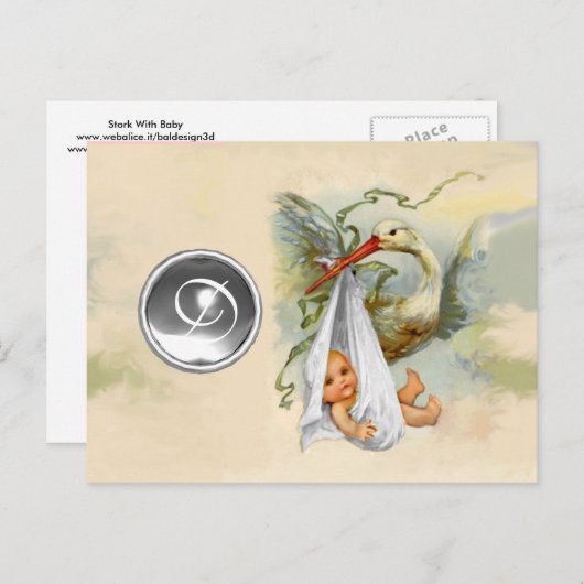 ニュートラルホワイトコウノトリ赤ちゃんシャワージェムストーンモノグラム インビテーションポストカード (正面/裏面)