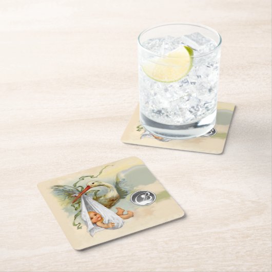 ニュートラルホワイトコウノトリ赤ちゃんシャワージェムストーンモノグラム スクエアペーパーコースター (インサイチュ)