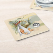 ニュートラルホワイトコウノトリ赤ちゃんシャワージェムストーンモノグラム スクエアペーパーコースター (アングル)