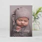 ニュートラルホワイトネーム署名スクリプト新生児写真 案内状 (スタンド正面)