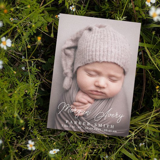 ニュートラルホワイトネーム署名スクリプト新生児写真 案内状