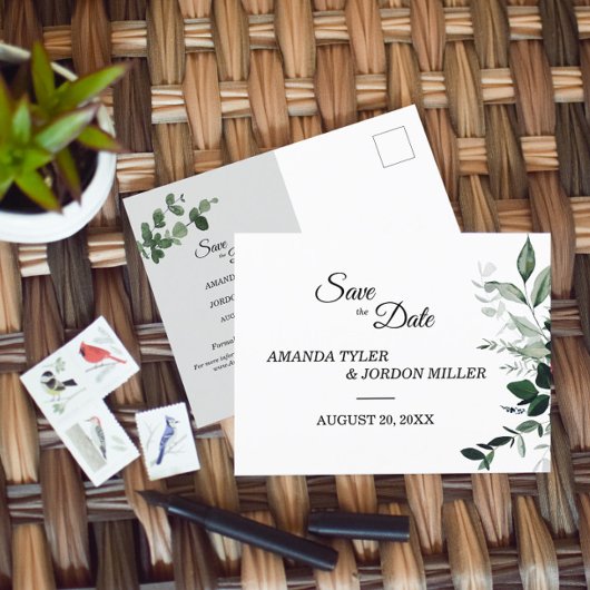 ニュートラルボタニカルウェディング日付葉書を保存 案内ポストカード