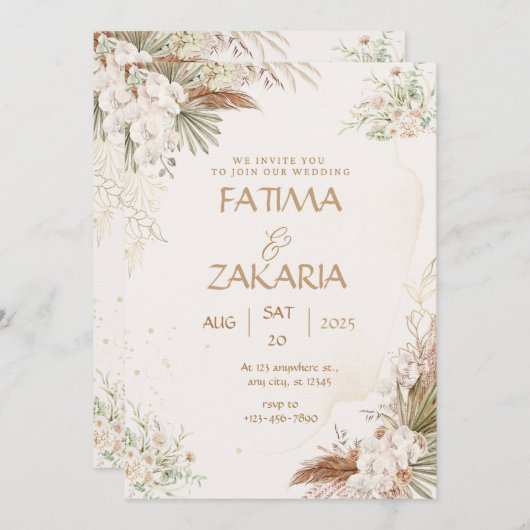 ニュートラルボヘミアンフローラエレガントウェディング招待状 招待状 (正面/裏面)