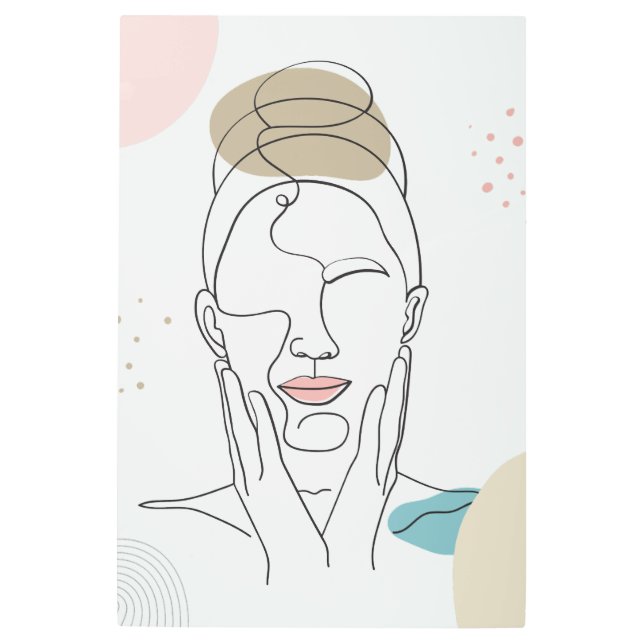 ニュートラルミニマリストウーマン顔体ラインアート メタルプリント (正面)