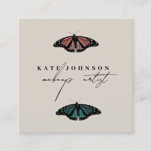 ニュートラルモダンな蝶メイクアップアーティスト スクエア名刺 (正面)