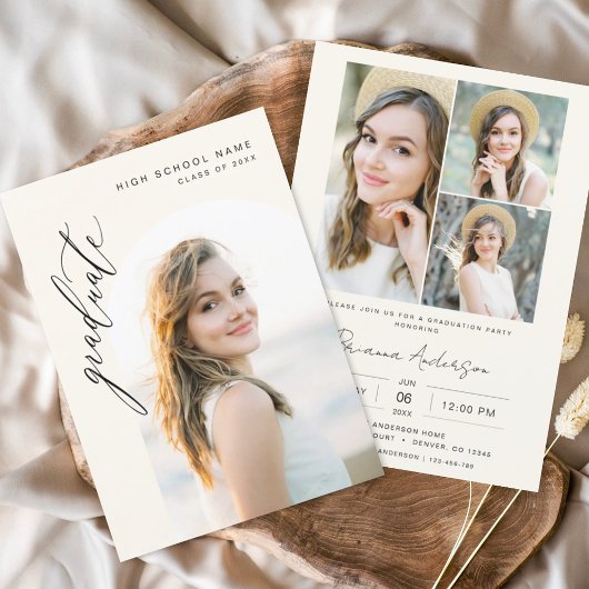 ニュートラルモダンミニマル写真卒業パーティー 招待状