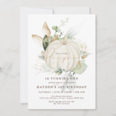 ニュートラルユーカリプトゥスグリーンリー金ゴールドパンプキン誕生日 招待状 (正面)