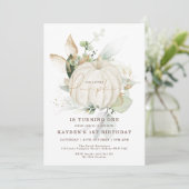 ニュートラルユーカリプトゥスグリーンリー金ゴールドパンプキン誕生日 招待状 (スタンド正面)