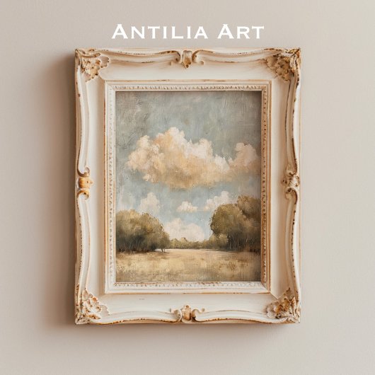 ニュートラルランドスケープオイルペインティングヴィンテージ曇り空 ポスター